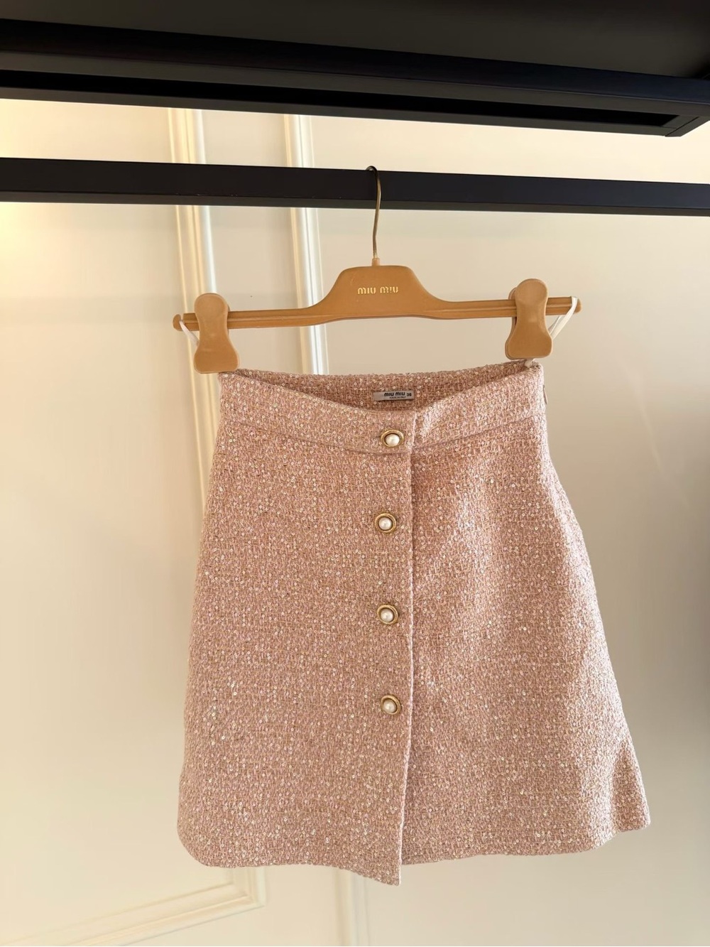 Miu Miu Blush Pink Tweed Mini Skirt with Pearl Buttons